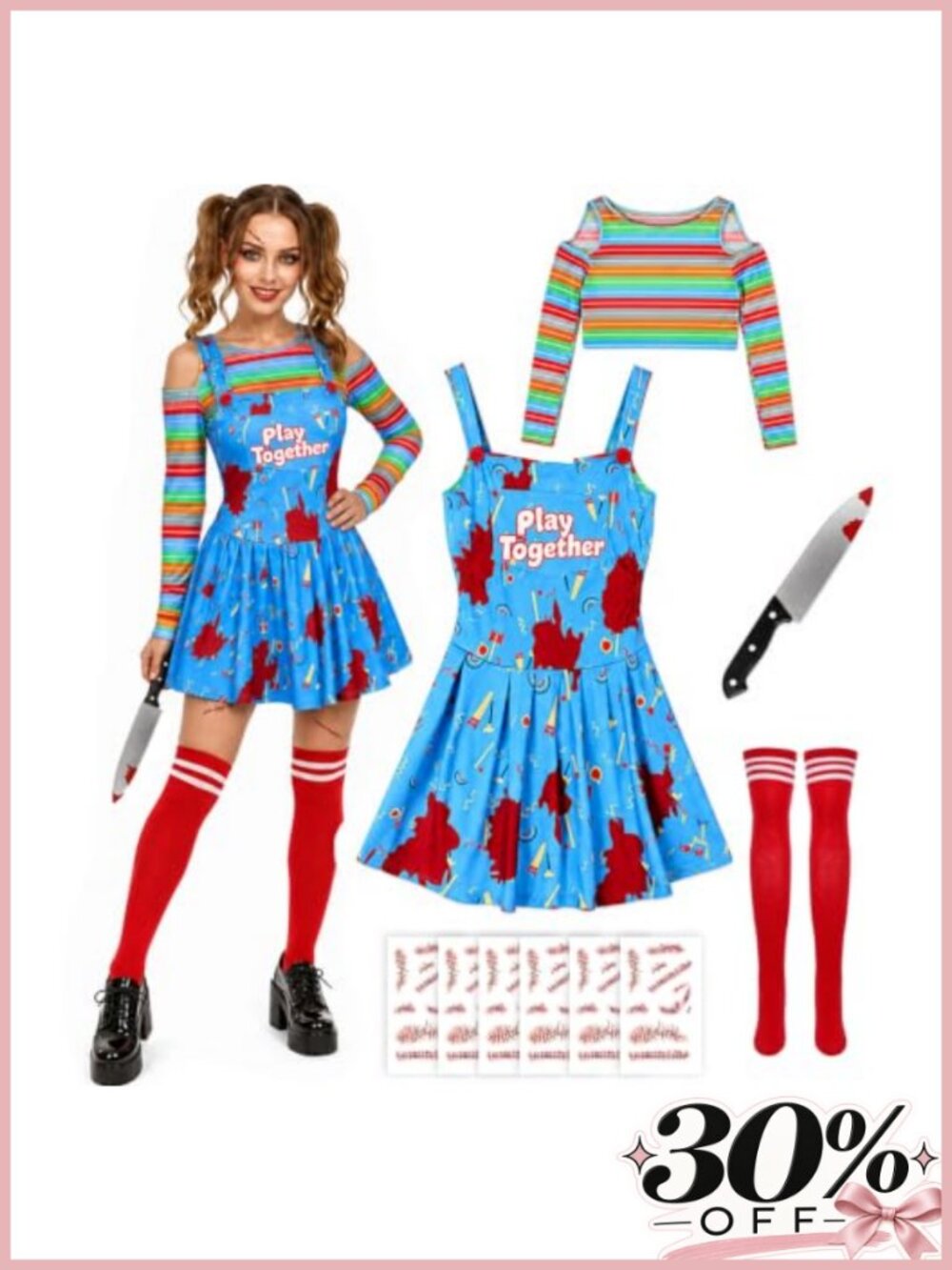 5Pcs Creepy Doll Costume Women Scary Killer Dress Halloween Props Cosplay